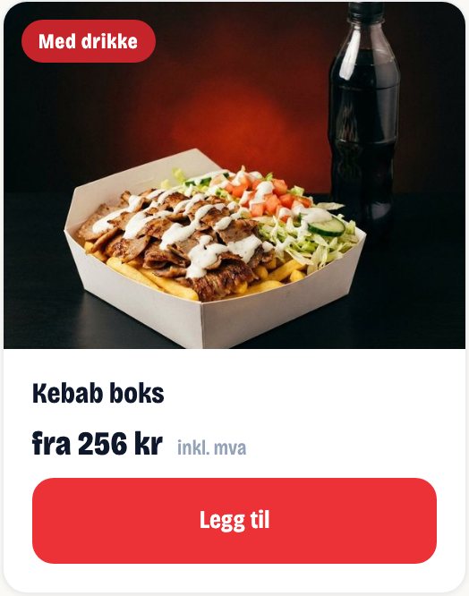 Produktkort: Kebab boks med drikke, fra 256 kr