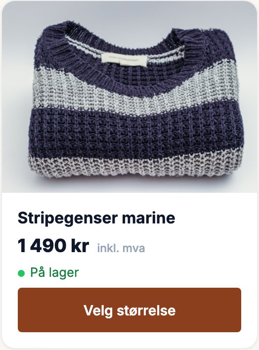 Produktkort: Stripegenser marine, 1 490 kr, på lager